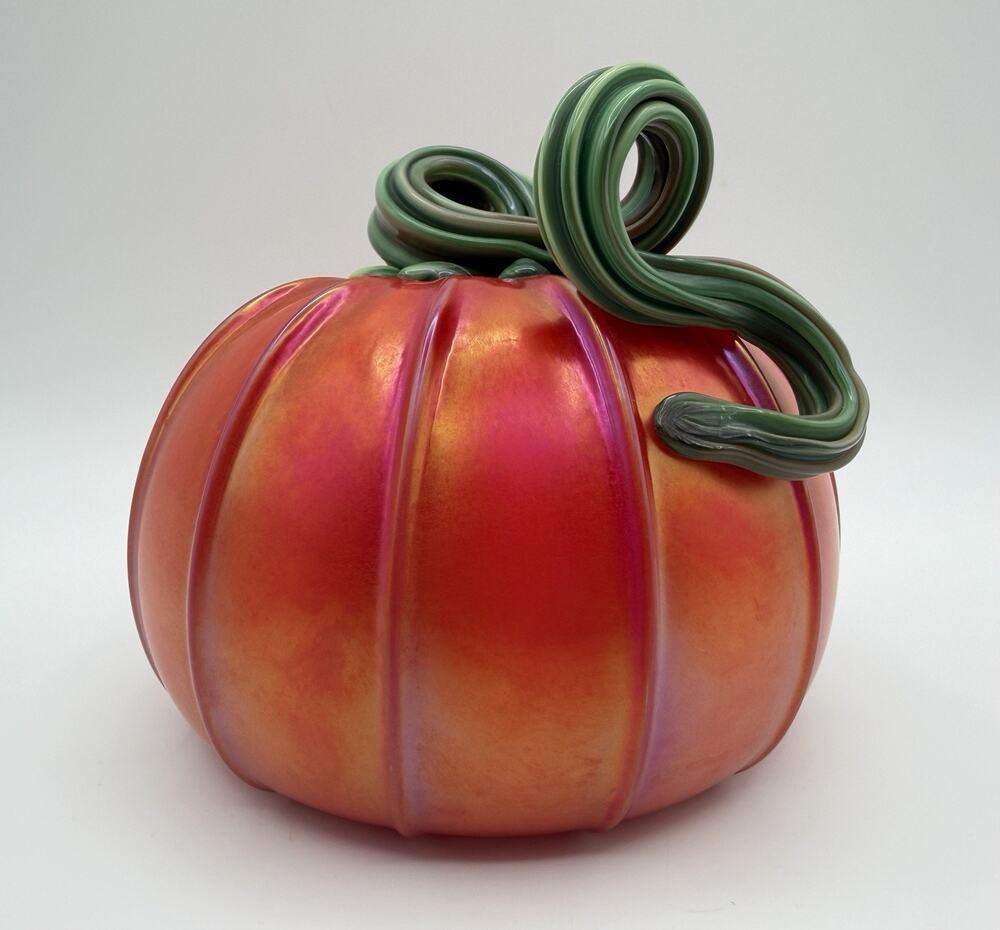 John Cook Orange Iridescent Art Glass Pumpkin Sculpture 5.5β Fall Decor Signed